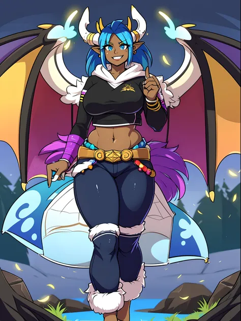 sapphirus, darkskinned-female, dragon wing, smile, pants, full body, standing, pullover, two wings