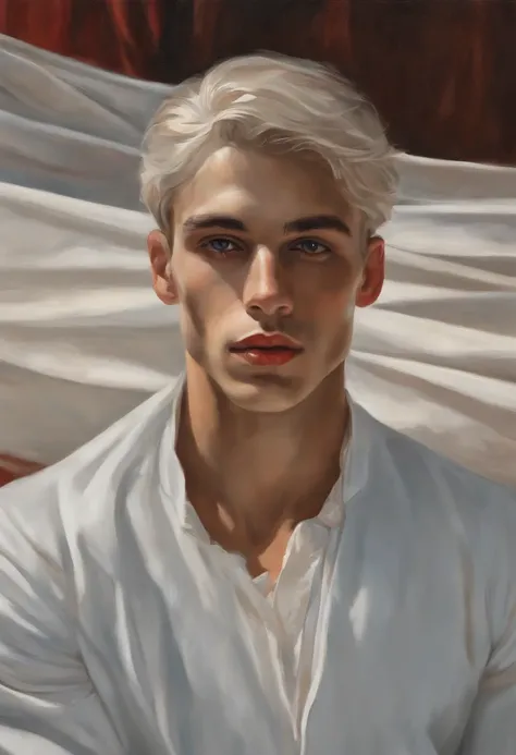 A meticulously detailed painting depicts a remarkable-looking young man. Seu cabelo branco como a neve cai em cascata sobre seus ombros, contrasting sharply with his pale skin, almost translucent. Ele veste um elegante terno de cores negras e vermelhas, qu...