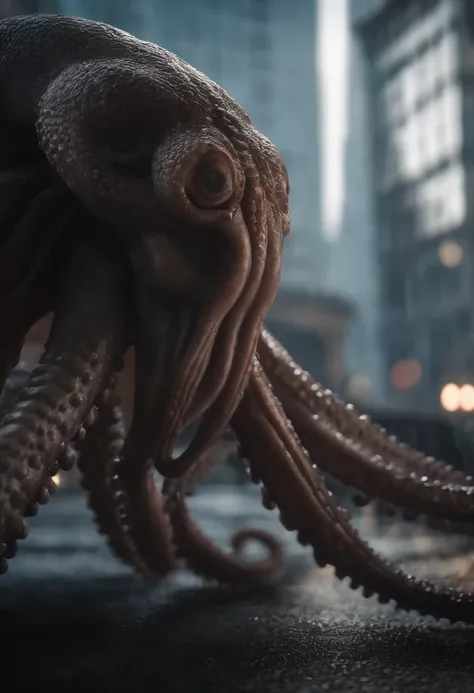 Invading aliens，uncanny，Octopus tentacles，Full body like，combats，The city was destroyed，of a real，Facial features are carefully depicted，Realistic skin texture，Dark style，depth of fields，high light，Real light，Ray traching，oc rendered，Hyper-realistic，best q...