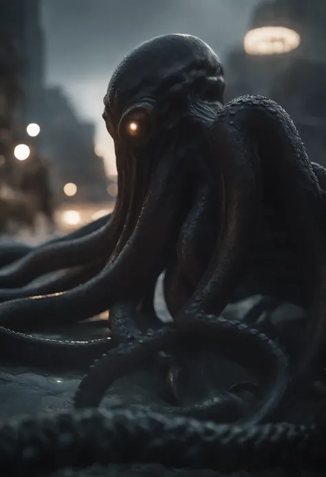 Invading aliens，uncanny，Octopus tentacles，Full body like，combats，The city was destroyed，of a real，Facial features are carefully depicted，Realistic skin texture，Dark style，depth of fields，high light，Real light，Ray traching，oc rendered，Hyper-realistic，best q...