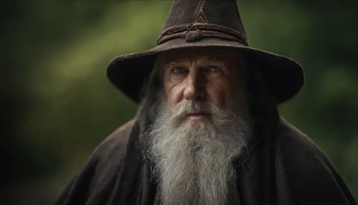 A portrait of a wizard, bearded, wrinkled, weathered, with piercing eyes, detailed face, high details, photography, dark studio, rim light, Nikon D850, 50mm, f/1.4