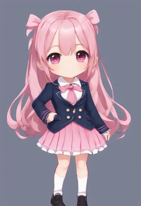 Very cute (beautiful chibi anime girl), solo, simple background, beautiful twintails *pink* hair, beautiful detailed *dark blue blazer, pink skirt* high school uniform, full body, standing , very detailed face and *pink* eyes, with clear contours