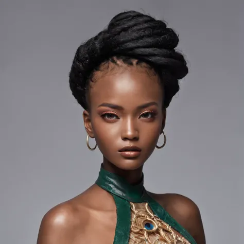 one African model ,Unique hair details, Y2K tube-top fashion. Fairy like. Mechanical fashion, Near future, Curvilinear details , detailed eyes, double eyelid, plump lips, short hair, professional makeup, golden ratio, hyper res