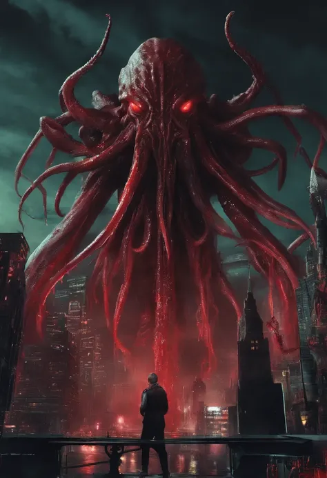 (((Cthulhu Mythos))),((Blood,Bloody)),Best quality, Masterpiece, A high resolution,extremely detailed CG wallpaper,Modern City,More details,(Stand on a tall building),(Black tentacles),(blood vess),kesulu