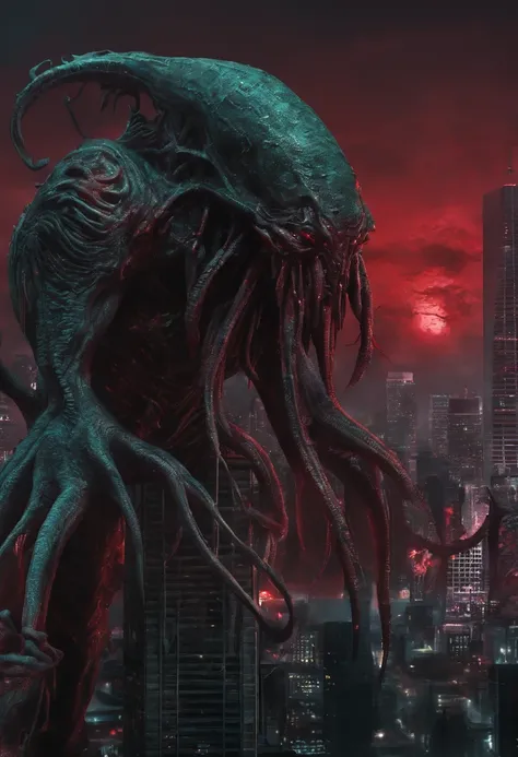 (((Cthulhu Mythos))),((Blood,Bloody)),Best quality, Masterpiece, A high resolution,extremely detailed CG wallpaper,Modern City,More details,(Stand on a tall building),(Black tentacles),(blood vess),kesulu