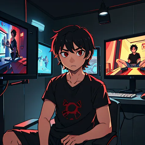 Best quality: 1.0), (Super High Resolution: 1.0), Anime boy, short black hair, red eyes, sitting in front of the computer playing games, background in the esports room,