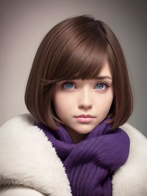 Girl, brown hair, bob haircut, with bangs, purple snow jacket with green sweater inside, hands crossed, slightly serious expression, big eyes,  white gloves, blue eyes,