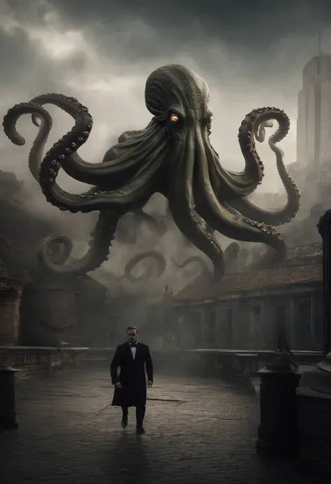 Invading Cthulhu aliens，Cthulhu，Hugely weird，Octopus tentacles，Full body like，combats，The city was destroyed，of a real，Facial features are carefully depicted，Realistic skin texture，Dark style，depth of fields，high light，Real light，Ray traching，oc rendered，H...