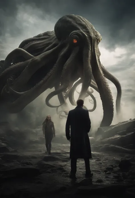 Invading Cthulhu aliens，Cthulhu，Hugely weird，Octopus tentacles，Full body like，combats，The city was destroyed，of a real，Facial features are carefully depicted，Realistic skin texture，Dark style，depth of fields，high light，Real light，Ray traching，oc rendered，H...