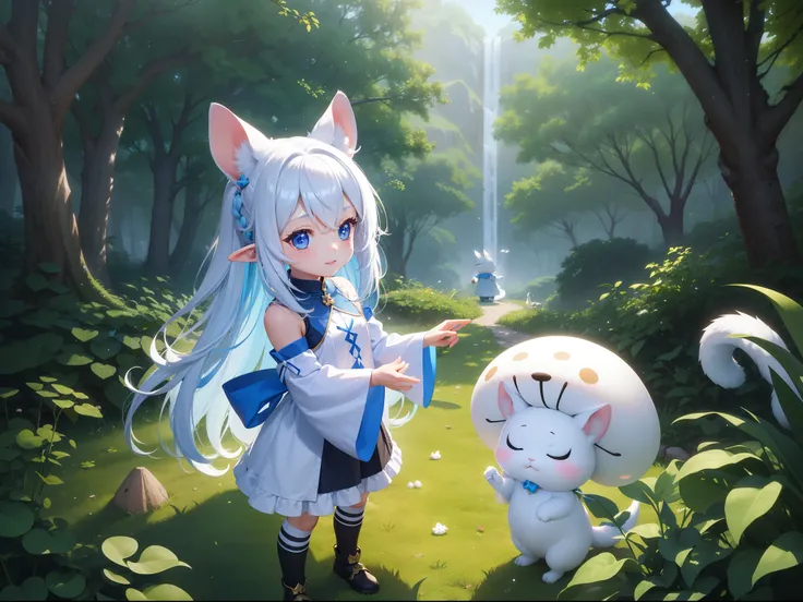 In the forest、There is a small white rabbit with long ears,  White long ears、Im with a girl with a long blue hair chibi character。It is a cute costume in white and blue。Dark eyes。cute forest creature, Cute mushrooms also grow、Adorable Digital Painting, cut...