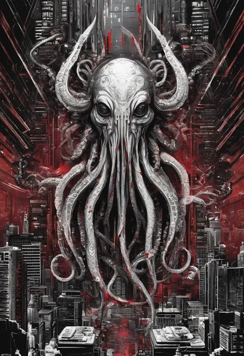 (((Cthulhu Mythos))),((Blood,Bloody)),Best quality, Masterpiece, A high resolution,extremely detailed CG wallpaper,Modern City,More details,(Stand on a tall building),(Black tentacles),(blood vess),kesulu