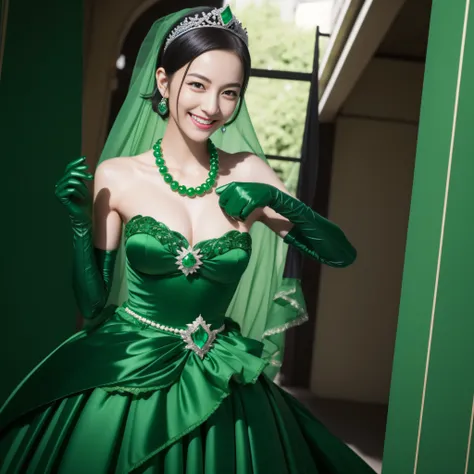 "(Best Quality,Realistic),Japan woman with beautiful smile,emerald tiara,Green Pearl Necklace,Boyish extremely short black hair,lip stick,Green eyes,Long Green Satin Gloves,short short hair, Green eyes