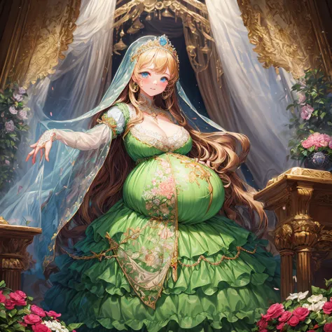 (masterpiece, best quality,extremely detailed:1.1),(moe anime art style:1.2),1girl,((full body,focus face)),((solo)), cute, kawaii,digital art,((1 bling-bling pregnant princess wearing beautiful embroidery and jeweled gorgeous rococo ballgown with jeweled ...