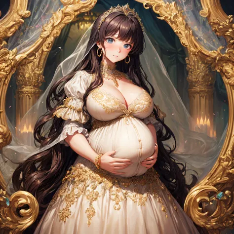 (masterpiece, best quality,extremely detailed:1.1),(moe anime art style:1.2),1girl,((full body,focus face)),((solo)), cute, kawaii,digital art,((1 bling-bling pregnant princess wearing beautiful embroidery and jeweled gorgeous rococo ballgown with jeweled ...