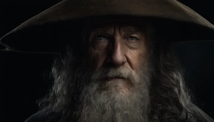 A portrait of a wizard, bearded, wrinkled, weathered, with piercing eyes, detailed face, high details, photography, dark studio, rim light, Nikon D850, 50mm, f/1.4