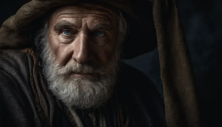 A portrait of a wizard, bearded, wrinkled, weathered, with piercing eyes, detailed face, high details, photography, dark studio, rim light, Nikon D850, 50mm, f/1.4