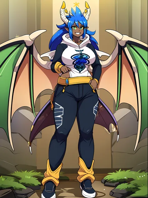 sapphirus, darkskinned-female, dragon wing, smile, pants, full body, standing, pullover, two wings,