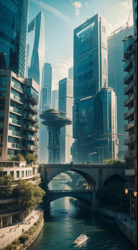 arafed view of a city with a bridge and a river, by Zha Shibiao, inspired by Zha Shibiao, landscape of a future city, inspired by Cheng Jiasui, beeple rendering, city of the future, with tall glass skyscrapers, beautiful city of the future, skyscrapers wit...