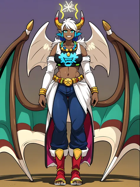 sapphirus, darkskinned-female, dragon wing, smile, pants, full body, standing, pullover, two wings, atomic halo