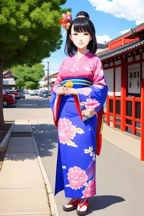 beautiful japanese woman,standing on a corner,winslow arizona,portrait,vibrant colors,traditional kimono,vibrant blue sky,sunny ...