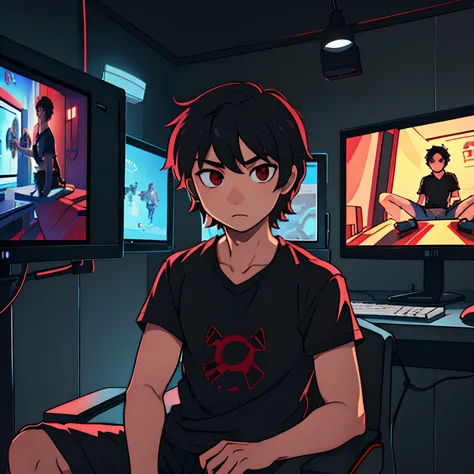 Best quality: 1.0), (Super High Resolution: 1.0), Anime boy, short black hair, red eyes, sitting in front of the computer playing games, background in the esports room,