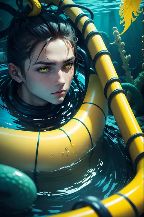 underwater, drowning diver, tentacle, in the distance neon yellow eyes