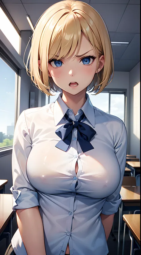 Girl short blond hair, blue eyes, white shirt with all buttons closed office, bige breast, big tits, school uniform, angry expression, open mouth, standing, classroom background, arrogant, facing the camera