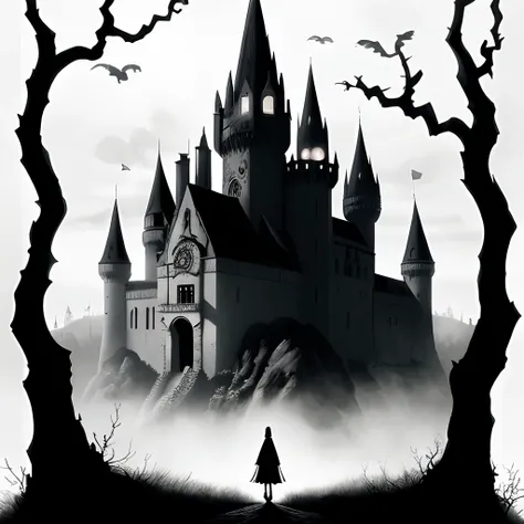 A black and white photo of a tree with a castle in the background, arte del cartel inspirado en J. J. Grandville, tumblr, gothic art, Silueta detallada, dark illustration, Ilustraciones detalladas de terror 4K, Cartel oficial, Ilustraciones oficiales del c...