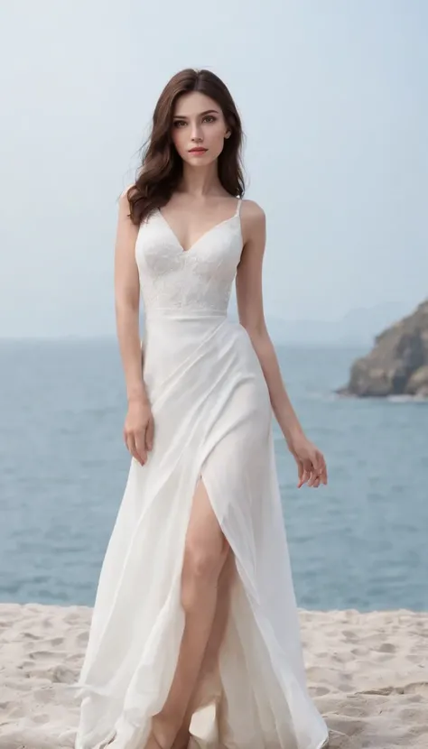 (full body:1.5), (1girll:1.3), (view the viewer:1.4), (anatomy correct:1.4), (by the sea:1.2), (Wear a tight white dress:1.2), (Accurate and perfect face:1.3), (Long legs:1.3), hyper HD, Ray traching, reflective light, structurally correct, Award-Awarded, ...