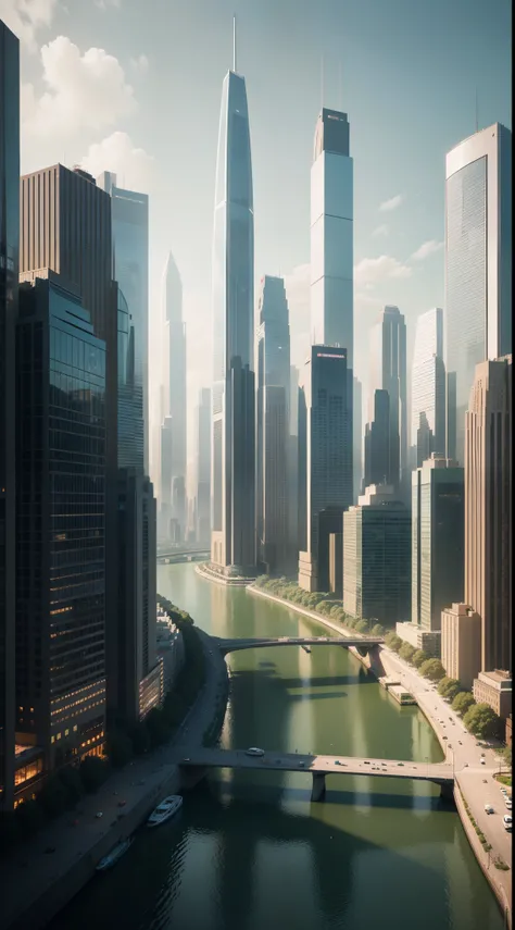 arafed view of a city with a bridge and a river, landscape of a future city, beeple rendering, city of the future, with tall smooth white ovoid skyscrapers, beautiful city of the future, skyscrapers with greenery