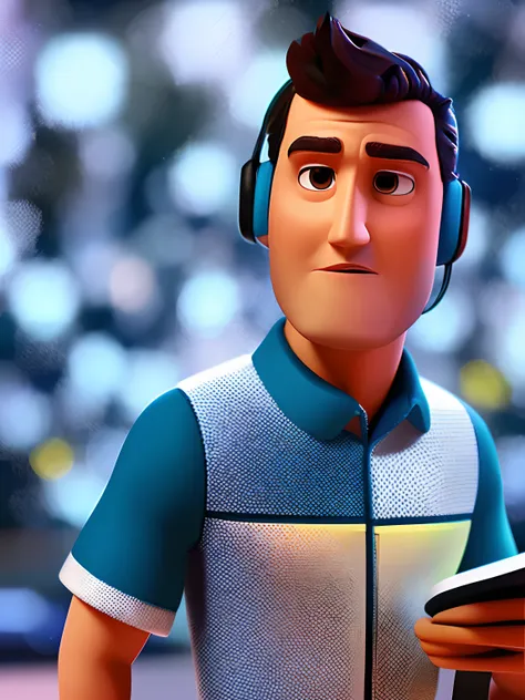 Um homem de frente com um leptop, segiramdo celular, home office, (estilo pixar) (obra-prima:1.2) (bokeh) (melhor qualidade) (pele detalhada) (textura detalhada) (8k) (claymation) (cinematic lighthing) (foco nítido