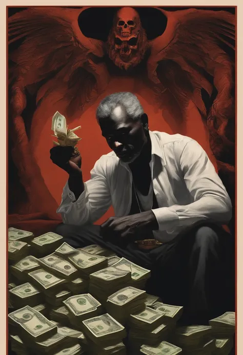 Man sitting on chair in front of table and counting money, while a black demon sits on his shoulder. Alles in einem realistischen Stiel