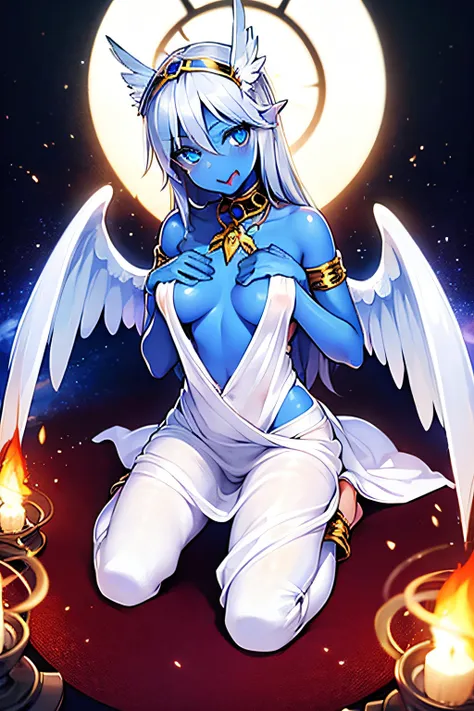 blue skin, angel girl, female, beautiful eyes, silver hair, blue tattoos, cute, innocent, sexy, slave collar, white skimpy dress, angel wings, submissive, blue sparkling eyes, soft, slave, bracelets, anklets, harem outfit, harem pants, harem girl, blue ski...