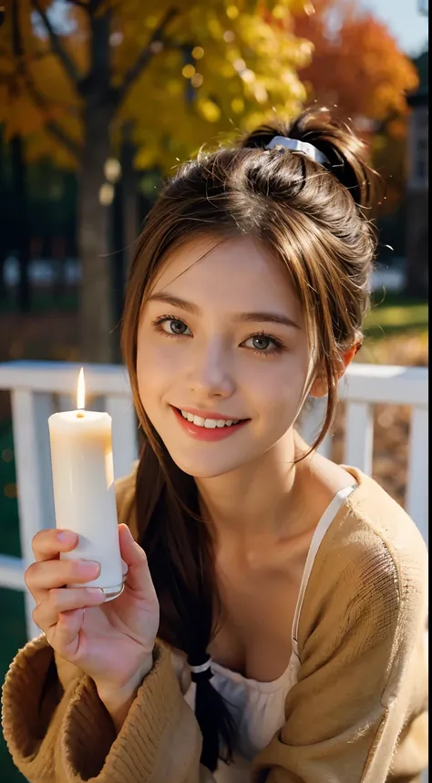 1 pretty girl，white skinned，brown  hair，looking at viewer, beautiful medium chest, Russia, pony tail, happy smile, kneeling, candles, autumn vibe