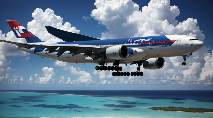 Generate an image that blurs the lines between reality and conspiracy, showing Malaysia Airlines Flight MH370 landing on Diego Garcia in a surreal and mysterious setting.