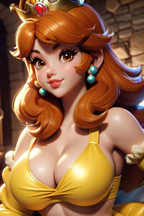 Close-up of a woman, Princess Daisy from Mario Bros, half, crown, cleavage, in a castle, medium breasts, 4K Quality, yellow bikini