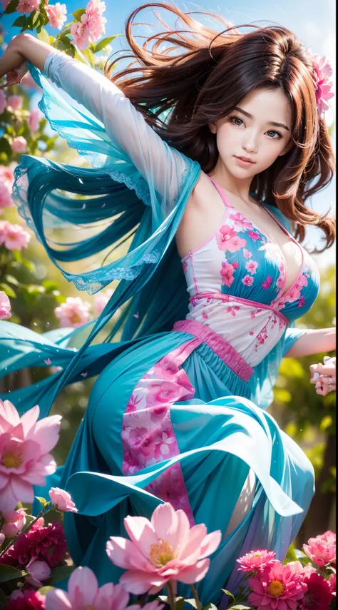 (Best quality,high resolution,Ultra-detailed:1.2), Beautiful blue to red gradient wavy curls fluttering in the breeze, Close-up of a woman jumping high, Vibrant flowers fill the background in a park-like setting, Cinematic style shooting.