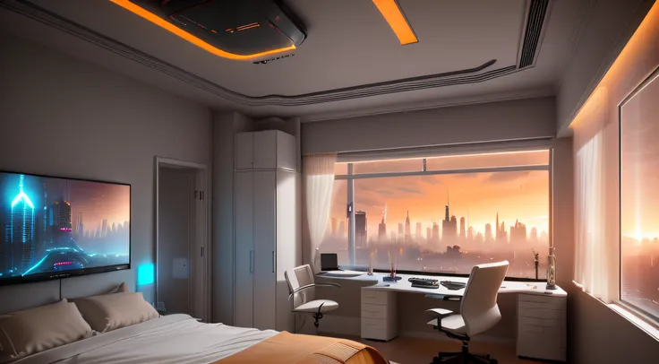 Gorgeous sci-fi matte painting elaras bedroom, Sparta and Greg Rutkowski. sharp edges, Camera Straight, beige scheme, Small kitchen, A small room, gaming computer, light gray and white Sci-fi bedroom, Outside the windows of the cyberpunk cityscape, huge pa...