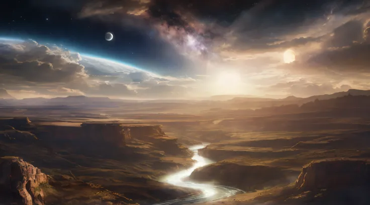 arafed view of a solo girl looking at a river running through a valley with a moon in the sky, alien breathtaking landscape, epic dreamlike fantasy landscape, beautiful alien landscape, landscape of an alien world, stunning alien landscape, sci-fi fantasy ...