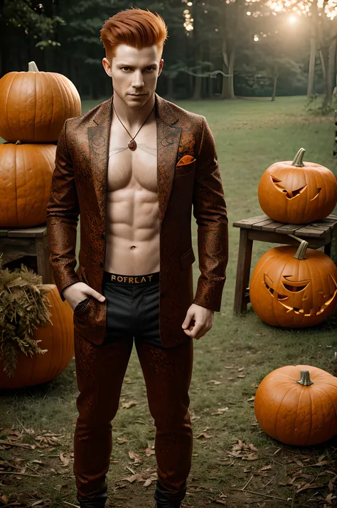 An award winning photography portrait of a halloween ginger male, blood hair, web, surreal decorated skin, masculine, pumpkins in the background, castle, full body in motion, defined body, full body, stunning realistic, mist, raw photograph, defined body,m...