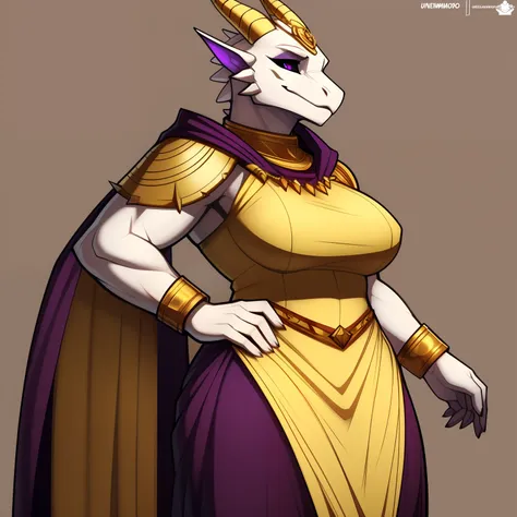 muscular_mature_dragon female gold_scales white_scaled_body purple_irises tail_ridges gold_spikes gold_horns black_sclera slit_pupils solo Masterpiece best_quality absurdres highly_detailed gown_with_gold_trim gold_circlet gold_gorget gold_bracers cleanly_...