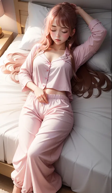 Sleeping girl, 22 years old, realistic, she is wearing long pants, she is wearing pink pajama, brown hair.