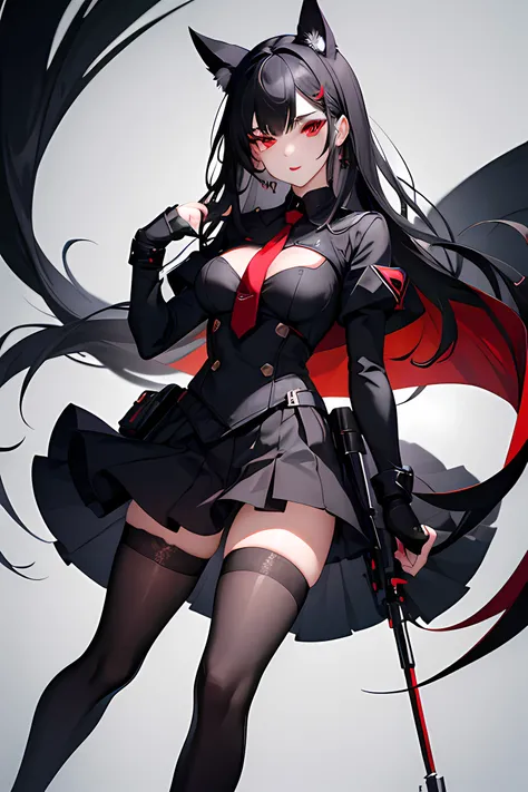 a girl with black hair and red eyes and black makeup in a short black skirt with tights and long gloves, knee socks , medium breasts, filled thighs, smug, black lipsticks, black eyeshadow,