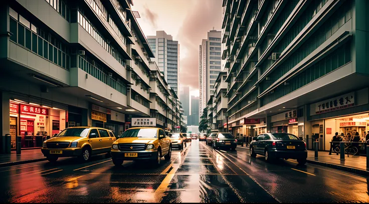 al gold hong kong, architecture, a building, sunset , rain, masterpiece,best quality,super detailed,realistic,photorealistic, 8k...