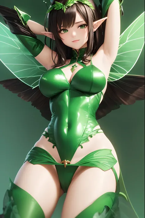 Anime girl in green and black costume on wings and green background, big breasts, slim body, revealing dress, pixie character, fairy, forest fairy, insect trainer girl, brunette elf with fairy wings, pixie, cute 3d anime girl rendering, April rendering, fa...