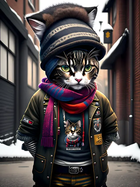 picture of a cat in a hat and scarf, art station trend, dressed in punk clothes, hyper realistic detailed rendering, british gang member, urban style, intimidating pose, planet of cats, fashion clothes, urban samurai, meow, west slavic traits, 8 1 5