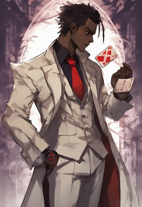 anime dark skin gambler with red eyes holding a card in his left hand. He wears phantom theif style clothing such as fancy trenchcoat, beige shirt with black tie