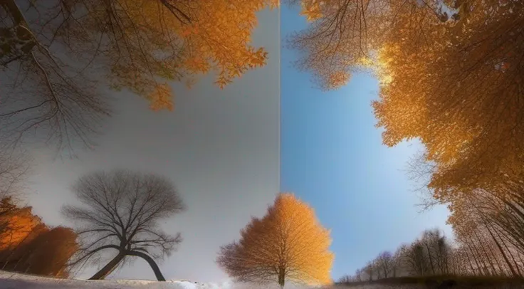 The sky split into two sides, with fallen leaves floating and snow on the other