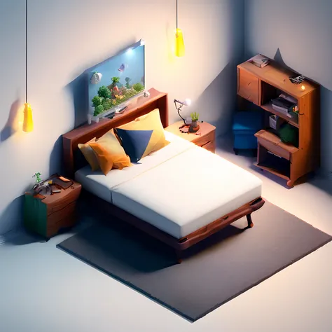 (Isometric perspective:1.5),(Pixar style:1.2), Room, bed, sofa,(small bonsai:0.8),desk lamp, TV, mural, 3D,Disney,Panoramic photo,White background, solid background,Global illumination, raytracing, modeling,HDR,octane render,unreal render,behance,dribbble,...