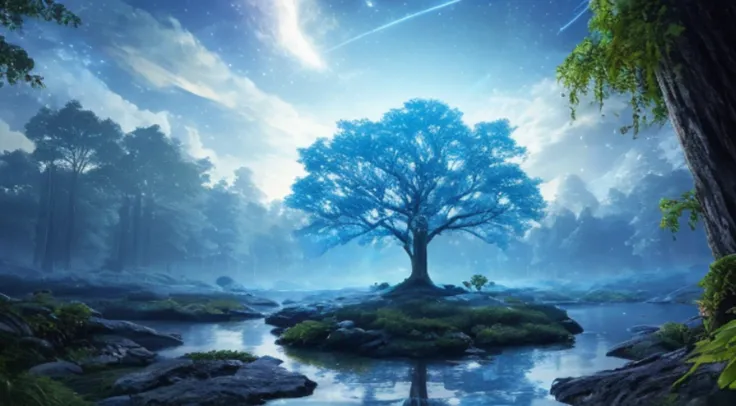 Illustration of a hyperrealistic , otherworldly, ultrasky scene featuring a giant crystal tree full body,very detailed and magical lighting, intricate forest details, vegetation and river around, solarpunk ,landscape, giant tree, beatifull leafy with beaut...